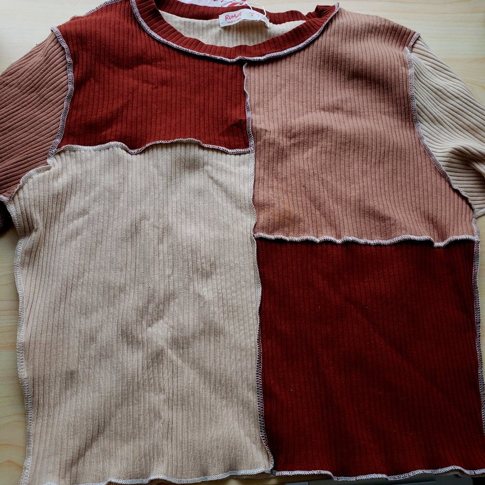 Romwe Color Block Long Sleeve Crop Top